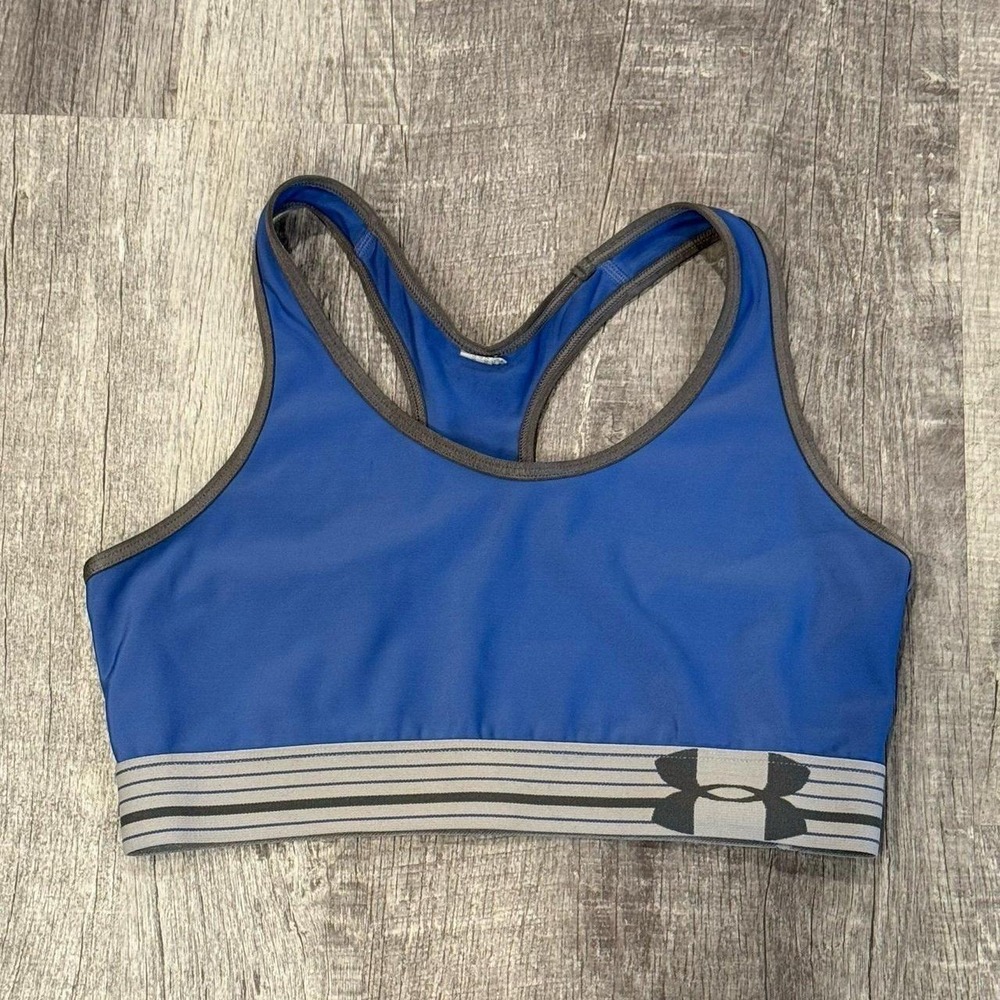 Under Armour Racerback Sports Bra Womens S Blue Gray Logo Band Unlined Athletic